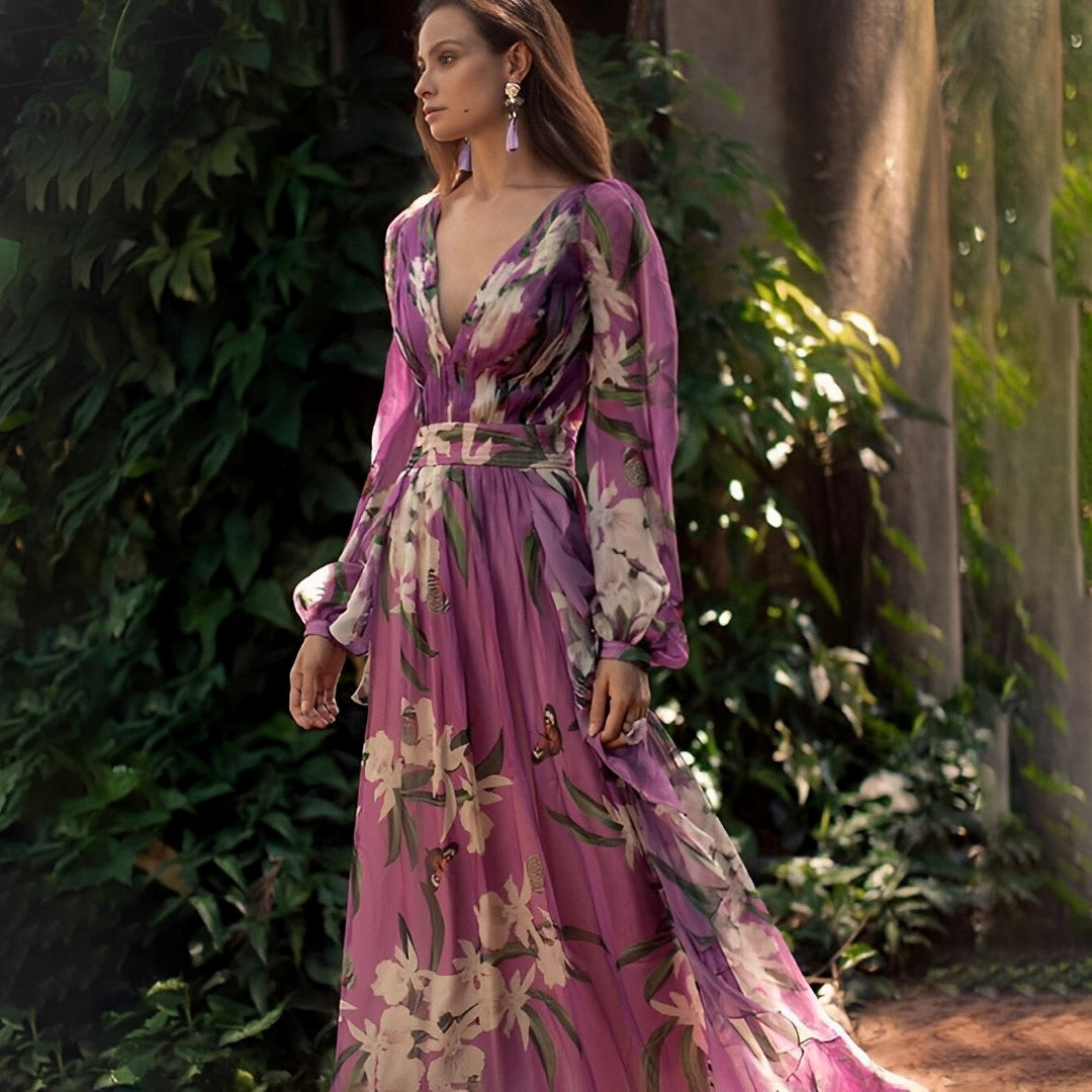 Damen Abendkleid mit Muster, V-Ausschnitt und Langarm | Maxi