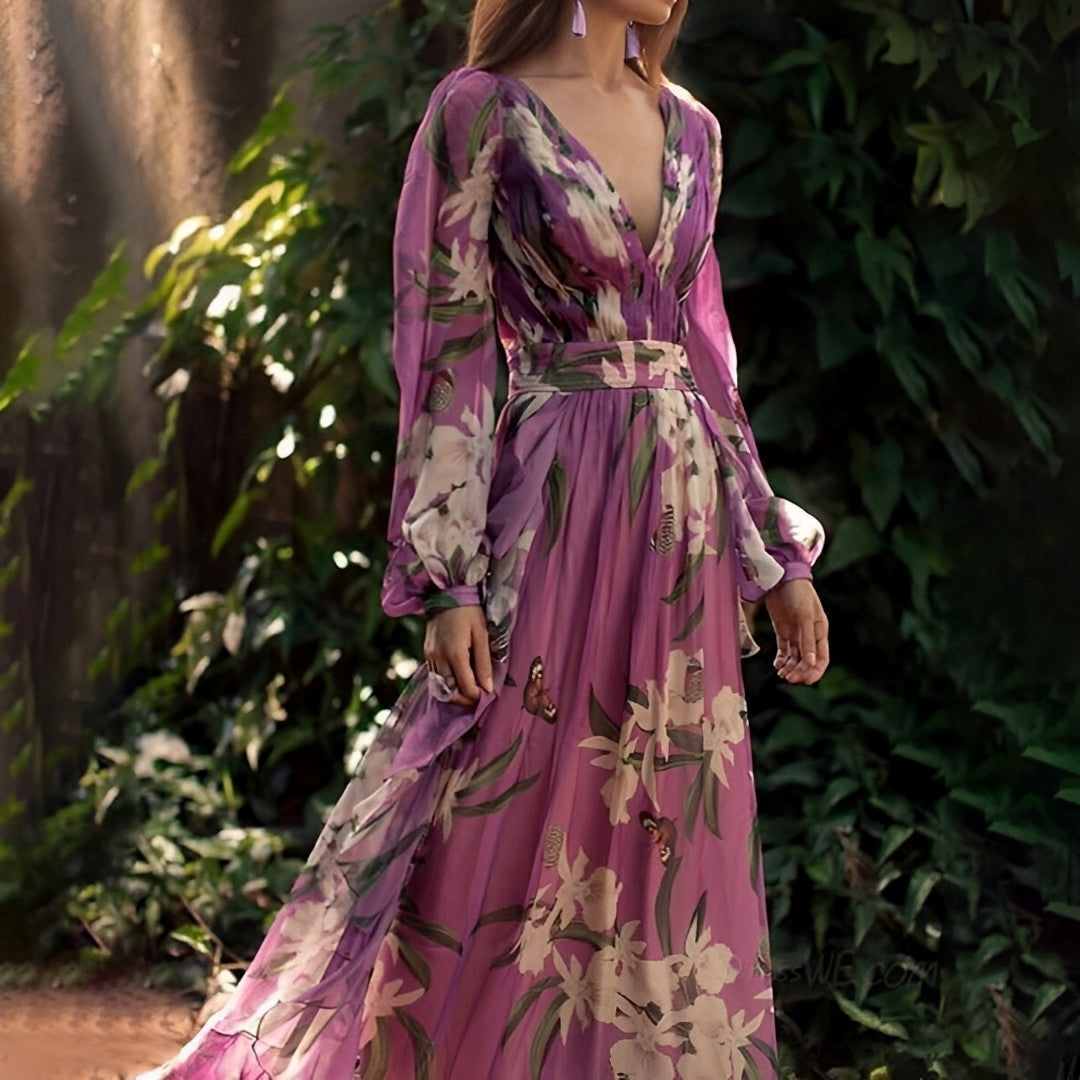 Damen Abendkleid mit Muster, V-Ausschnitt und Langarm | Maxi