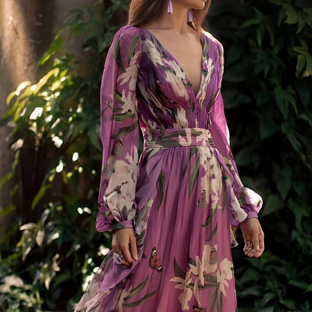 Damen Abendkleid mit Muster, V-Ausschnitt und Langarm | Maxi