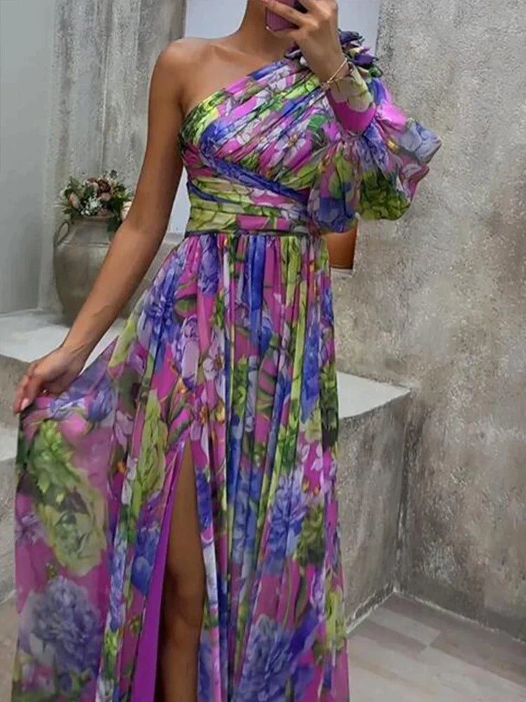 Damen Kleid Blumenmuster | Schlitz Maxi