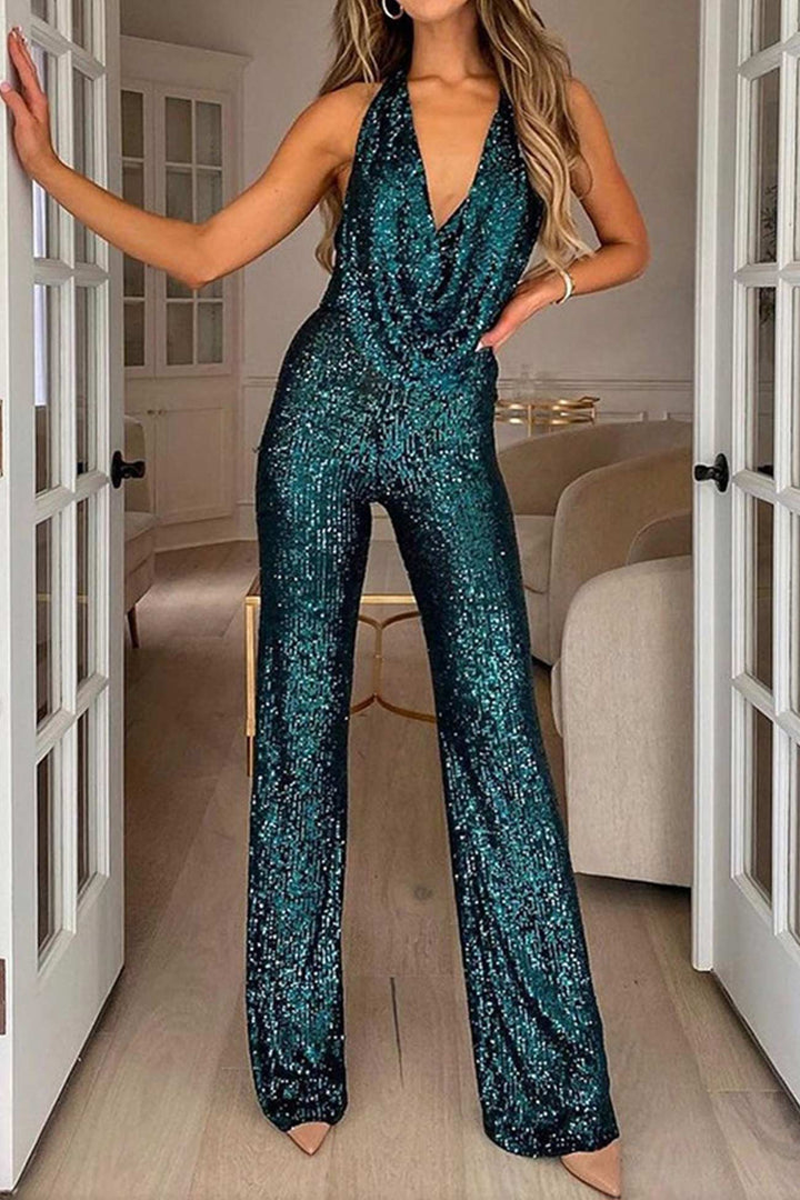 Damen Pailletten Jumpsuit Halter | Abendkleid
