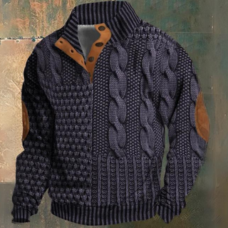 Męski sweter z dzianiny warkoczowej z pół guzikiem | Łatka na łokciu