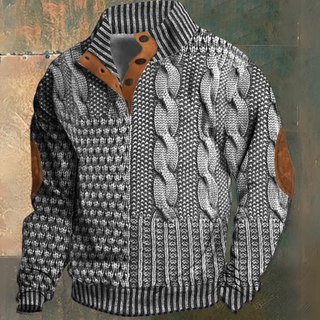Męski sweter z dzianiny warkoczowej z pół guzikiem | Łatka na łokciu