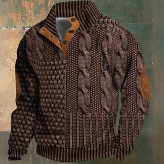 Męski sweter z dzianiny warkoczowej z pół guzikiem | Łatka na łokciu
