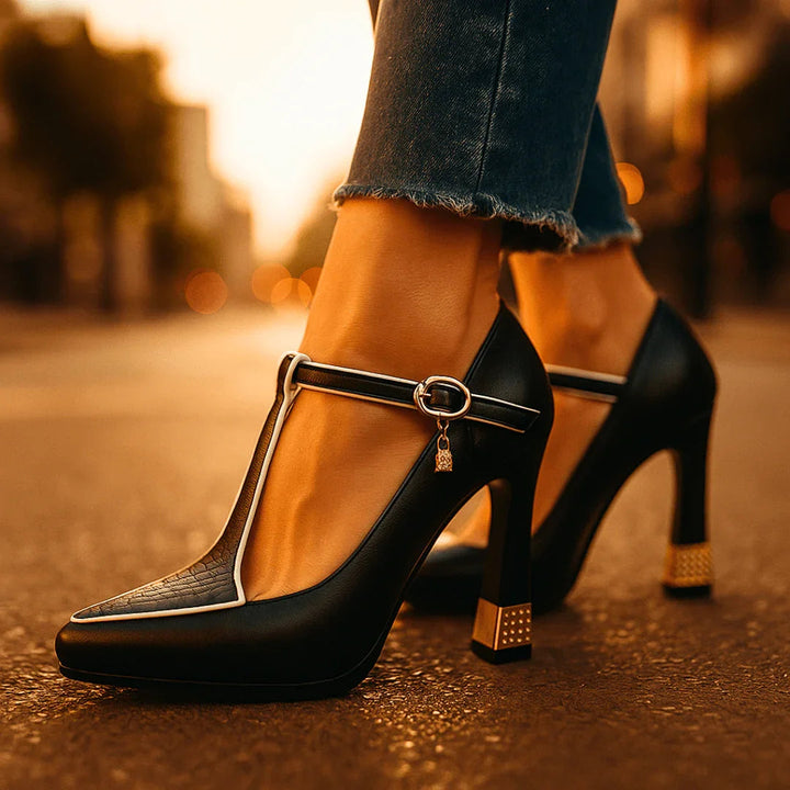 Damen Pumps mit T-Riemen | Blockabsatz