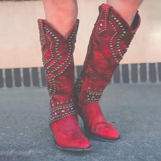 Damska Kozaki Cowboy z Ćwiekami do Kolan | Słupkowy Obcas