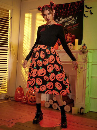 Długa sukienka Halloween dla kobiet | Wzór z duchami i dyniami