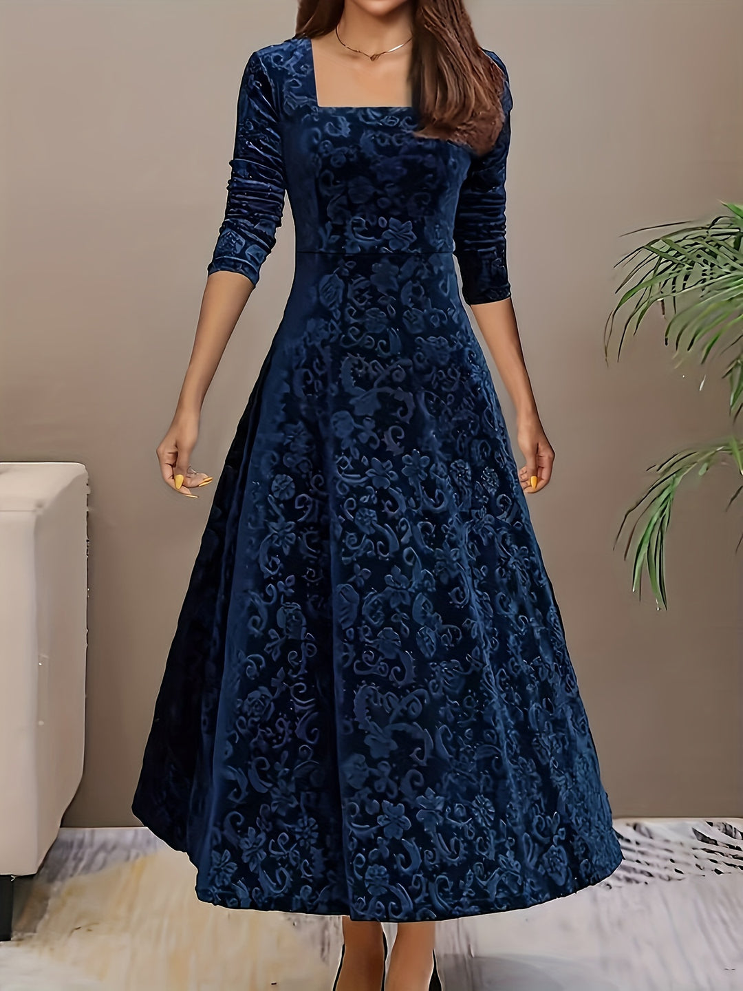 Women's Midi Dress with Long Sleeves | Floral Pattern