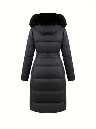 Damska Zimowa Pikowana Płaszcz z Paskiem | Z Kapturem