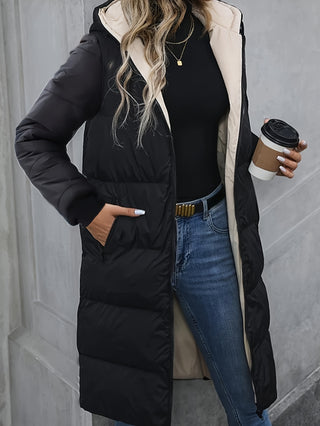 Damska Zimowa Pikowana Płaszcz z Kapturem | Długa