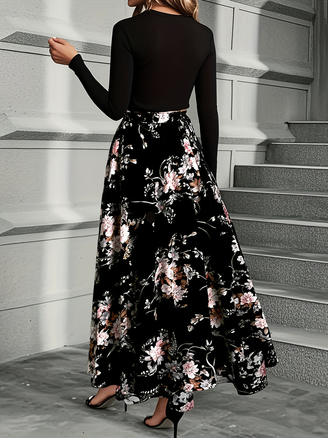 Damen Blumen-Maxikleid | Lange Ärmel