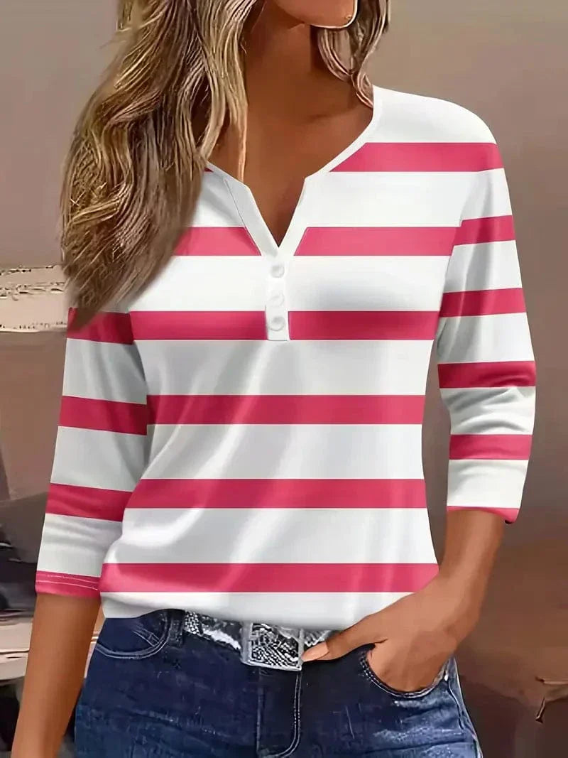 Damen Gestreiftes Top Mit Langarm | Knöpfe