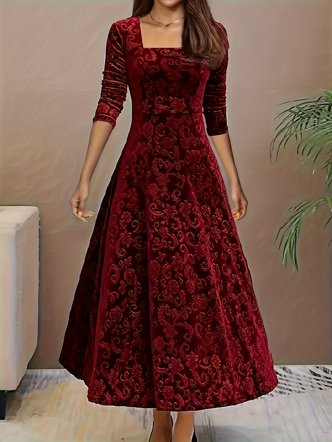 Women's Midi Dress with Long Sleeves | Floral Pattern