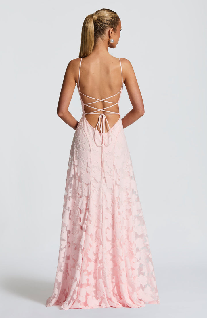 Damen Kleid mit offenem Rücken und Blumenstruktur | Maxi