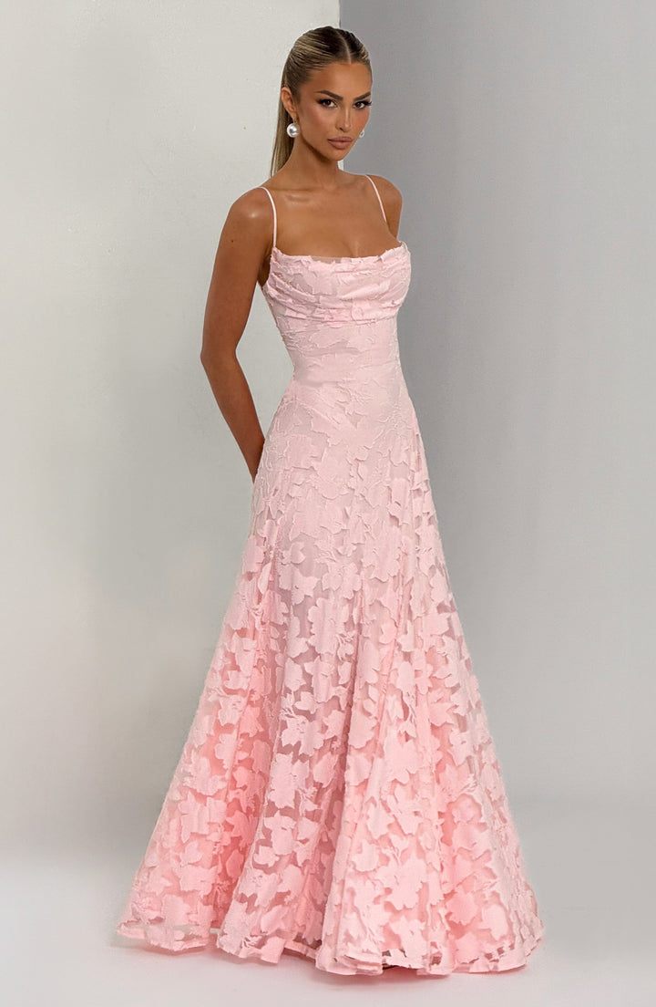 Damen Kleid mit offenem Rücken und Blumenstruktur | Maxi