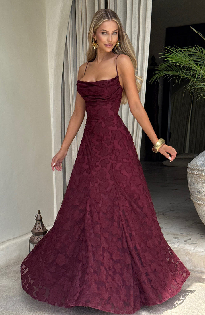 Damen Kleid mit offenem Rücken und Blumenstruktur | Maxi