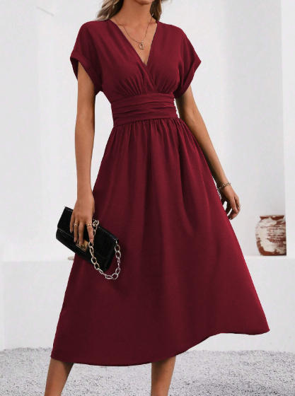 Women's Dress with V-Neck and Waist Pleats | Midi