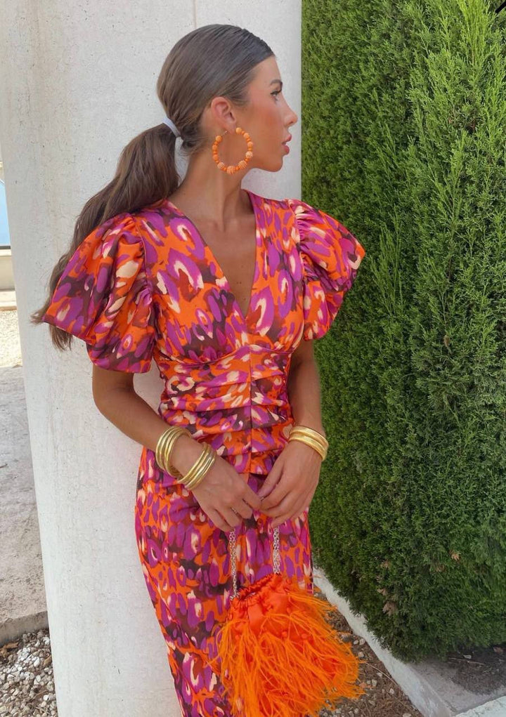 Damen Kleid mit Puffärmeln und Ausschnitt | Midi