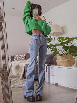 Damskie Jeansy Slim Fit z Rozszerzanym Dołem | Wysoki Tali