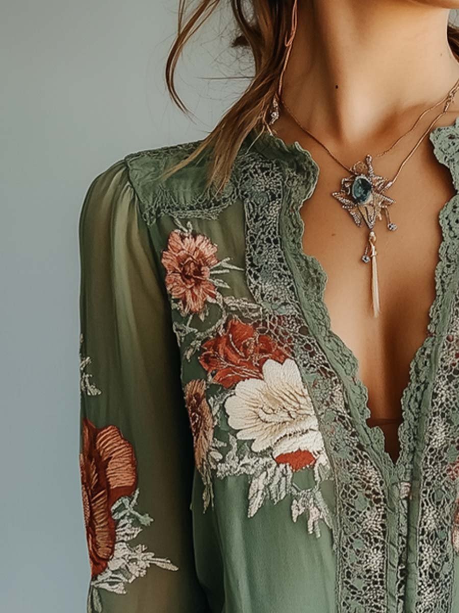 Damen Blumen Bluse Boho | Langarm