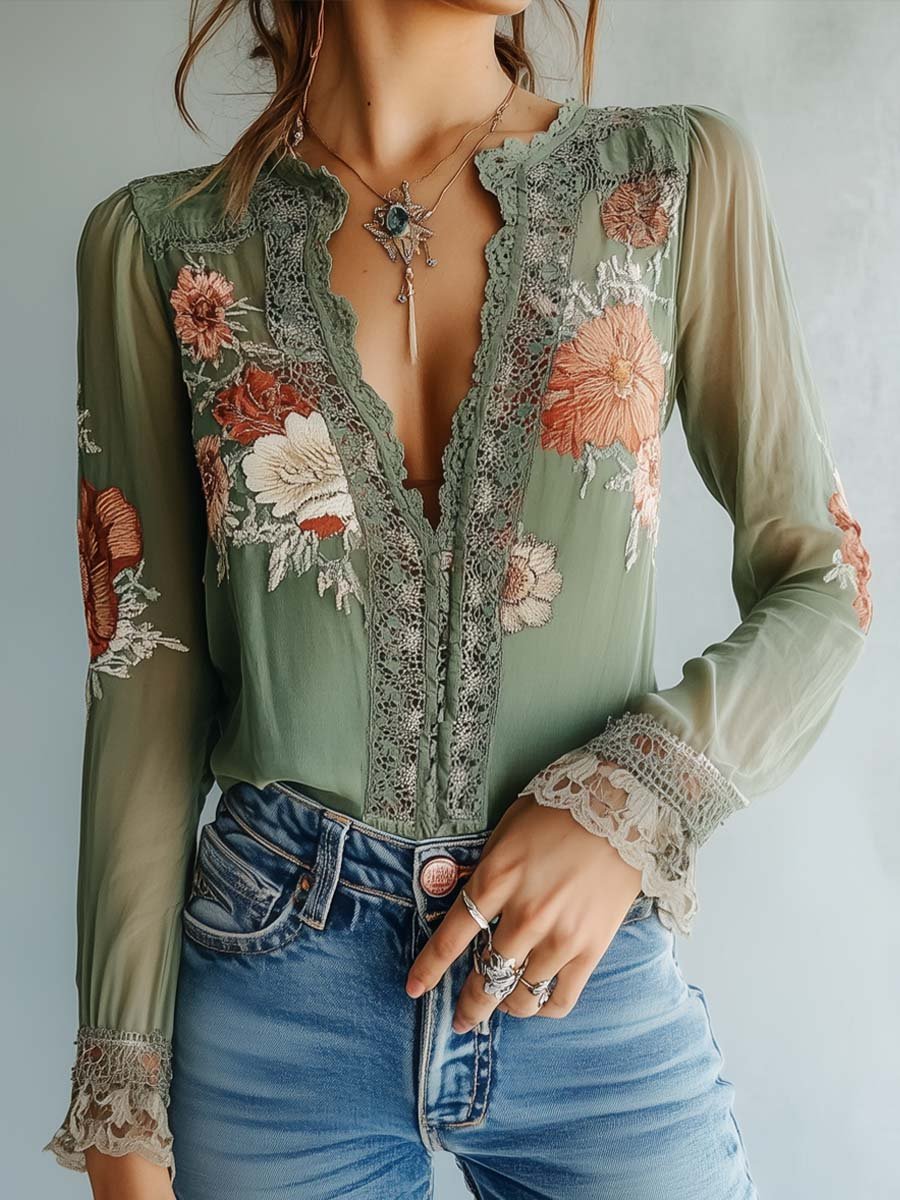Damen Blumen Bluse Boho | Langarm