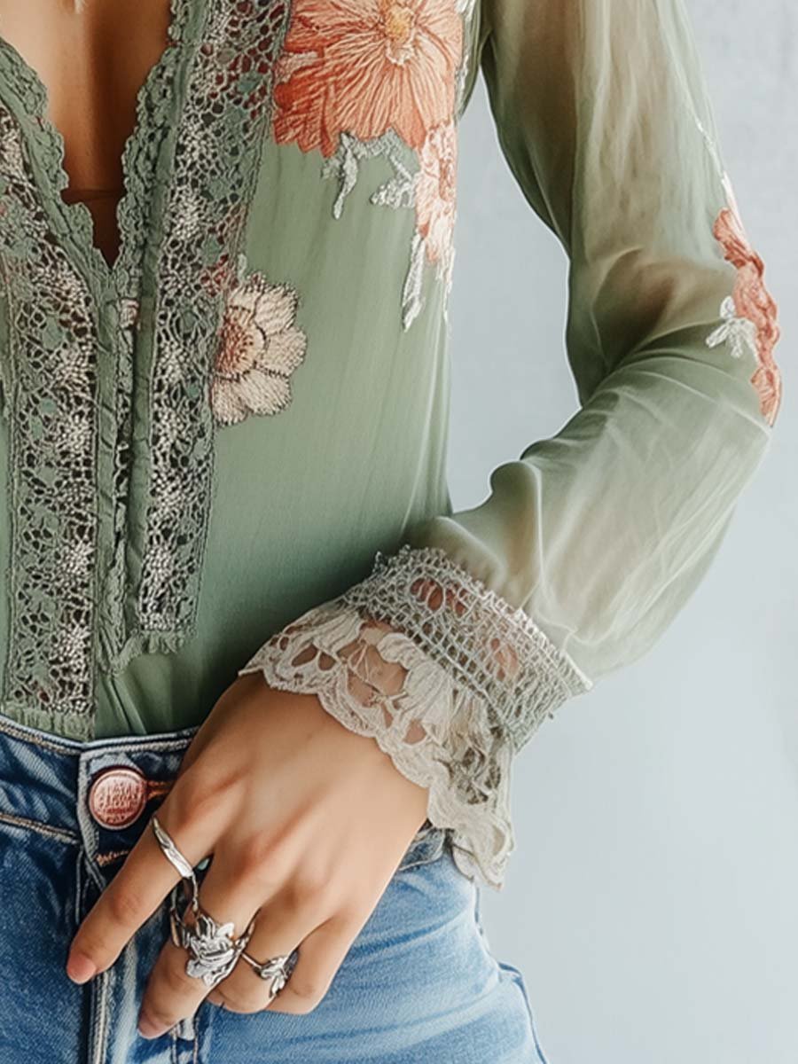 Damen Blumen Bluse Boho | Langarm