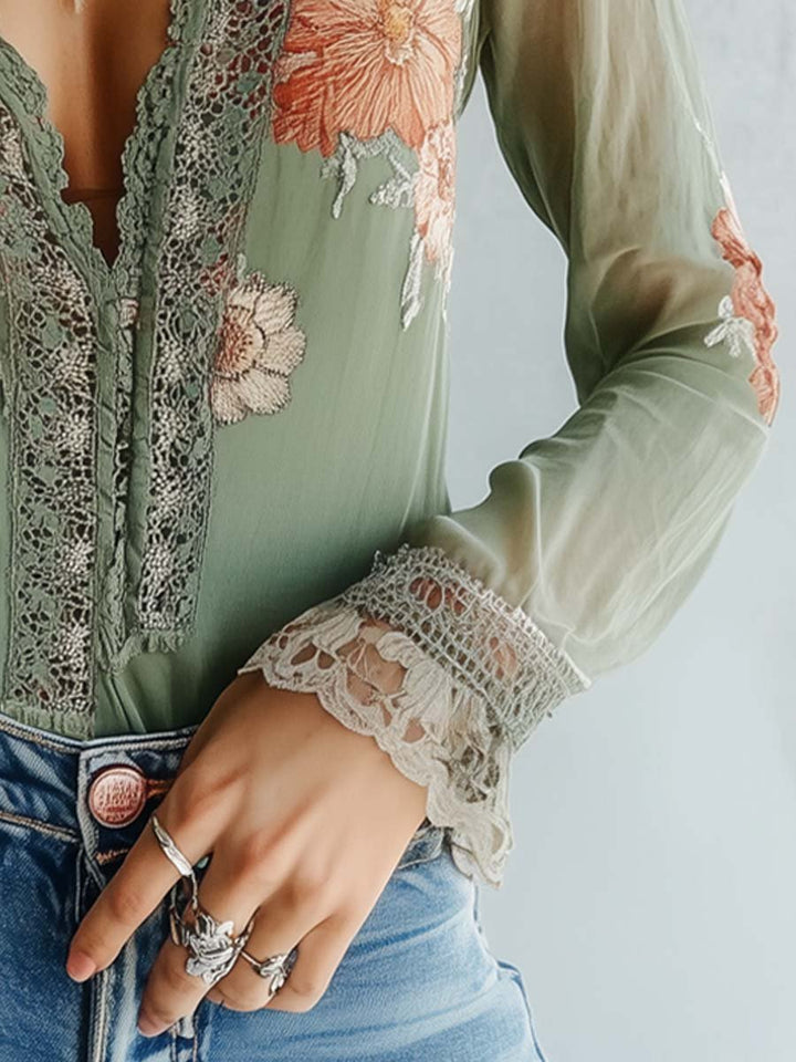 Damen Blumen Bluse Boho | Langarm