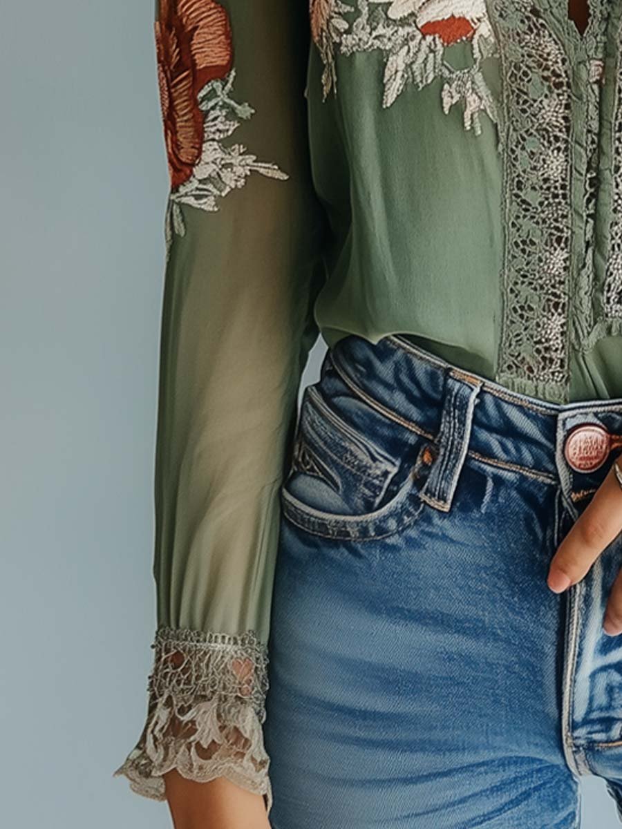 Damen Blumen Bluse Boho | Langarm