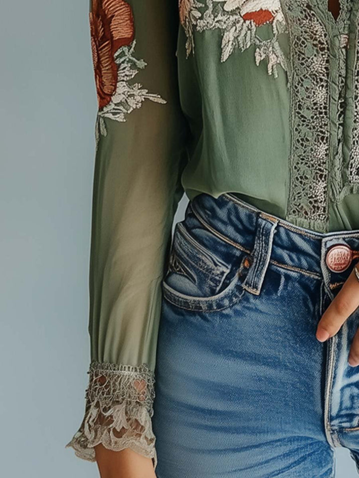 Damen Blumen Bluse Boho | Langarm