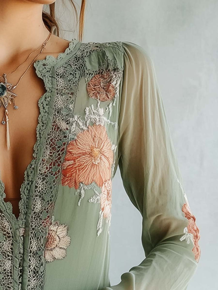 Damen Blumen Bluse Boho | Langarm