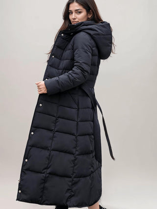Damska Zimowa Długi Pikowana Kurtka | Z Kapturem i Paskiem