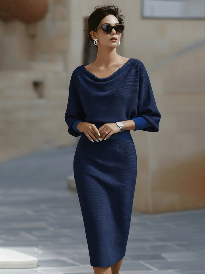 Damen Strickkleid mit Fledermausärmeln | Midi