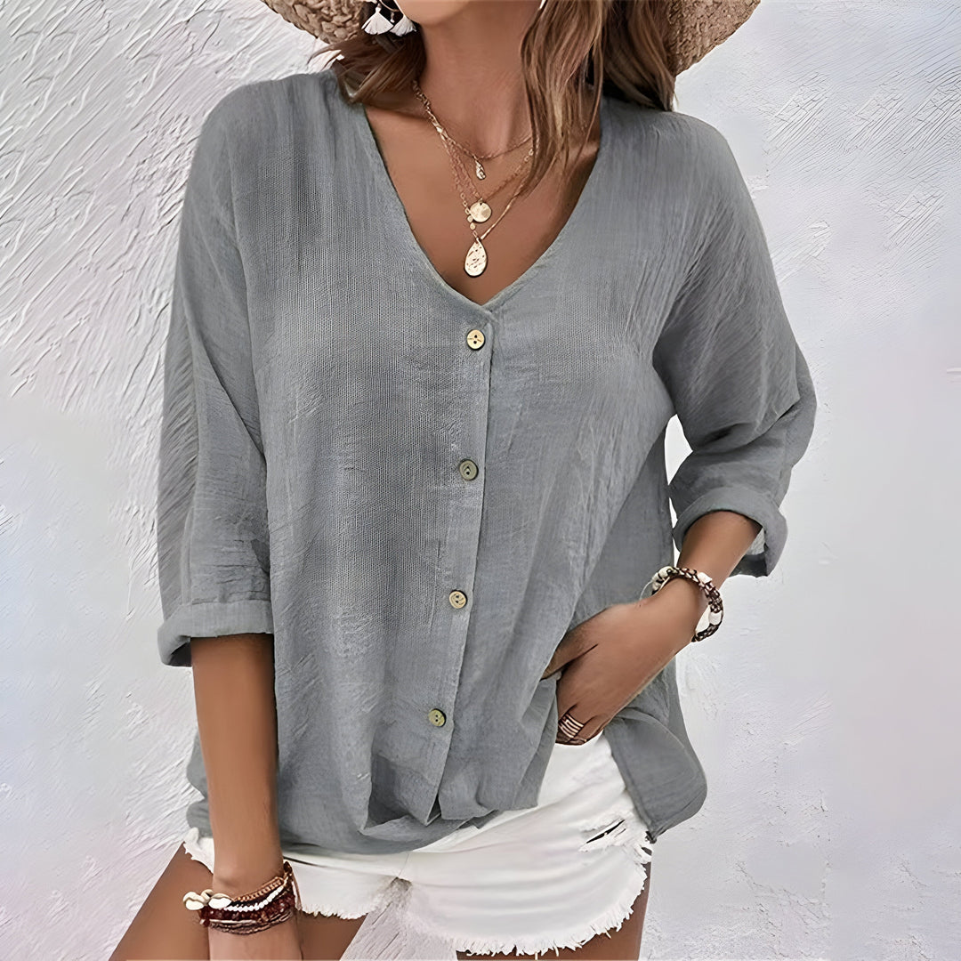 Damen Bluse mit V-Ausschnitt und Knöpfen | Locker