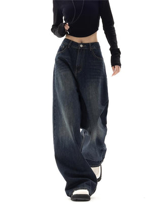 Damskie Jeansy Baggy Szerokie Nogi | Ciemny Denim